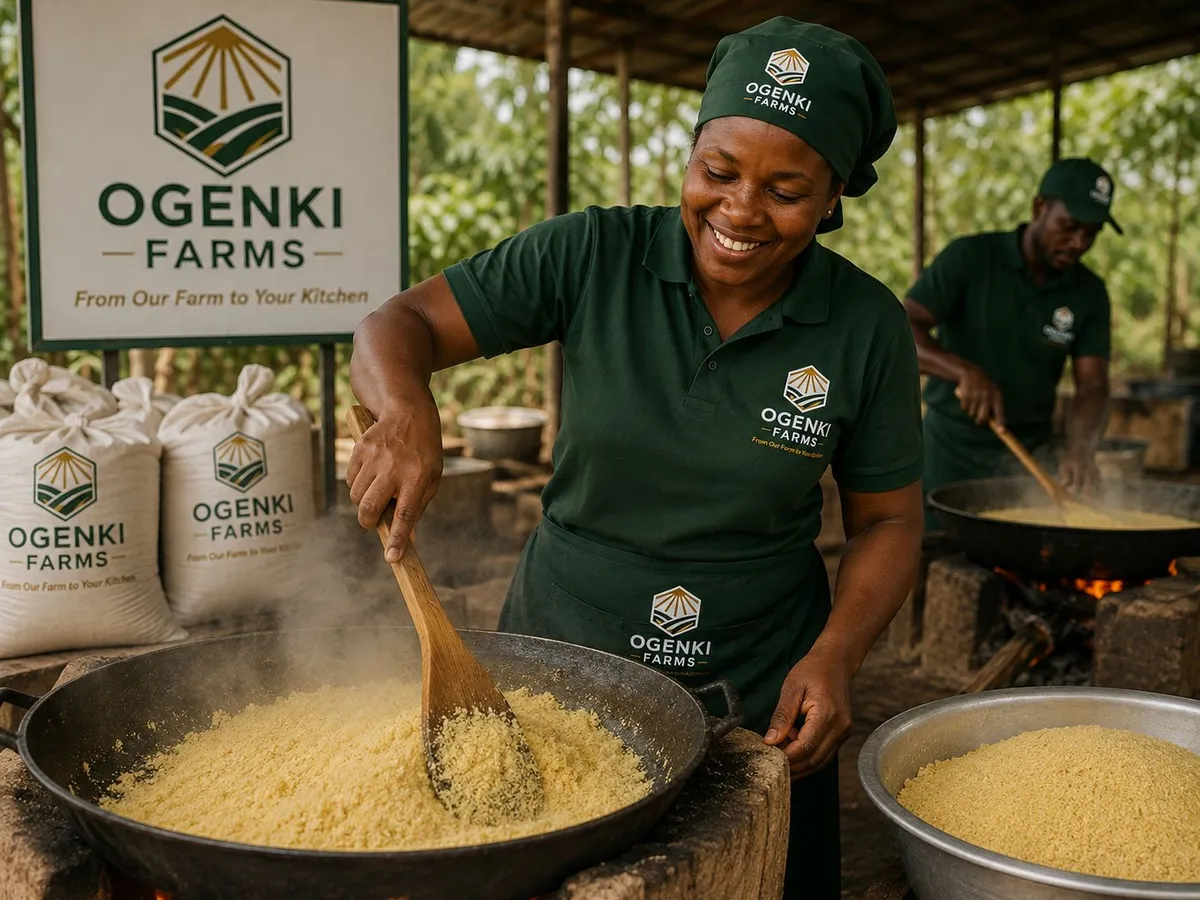 Garri being fried at the Ogenki Farms mill